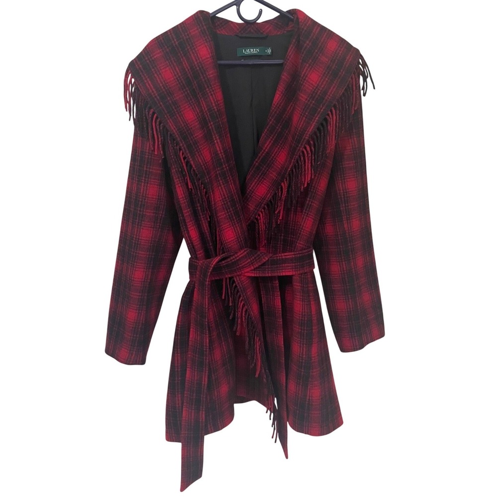 Lauren Ralph Lauren Size 8 Red Black Plaid Wool Blend Fringe Shawl Wrap Coat